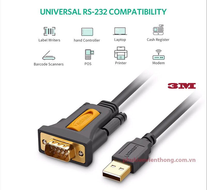 Cáp USB to RS232  Ugreen 20223 dài 3m chính hãng